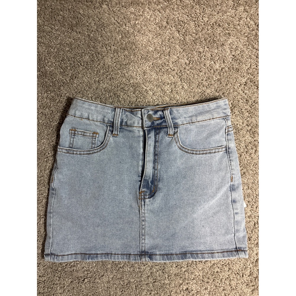 SHEIN Light Wash Denim Mini Skirt with Back Pocket Bows Size S 4